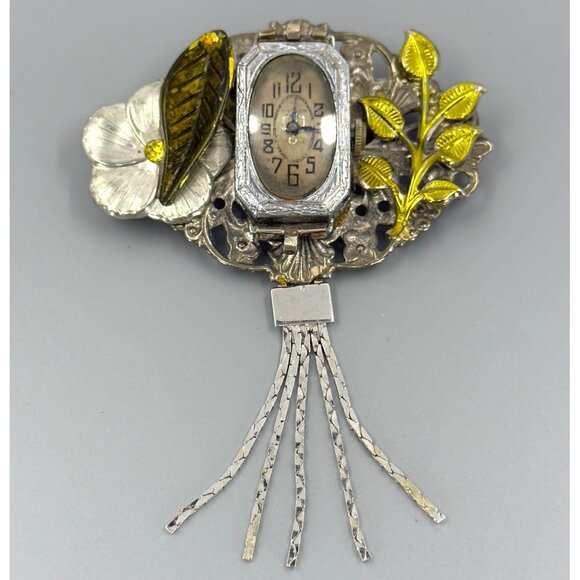 Vtg Steampunk Silver Tone Brooch Watch Floral Tassel Hand Crafted Artisan Pin - Picture 1 of 11